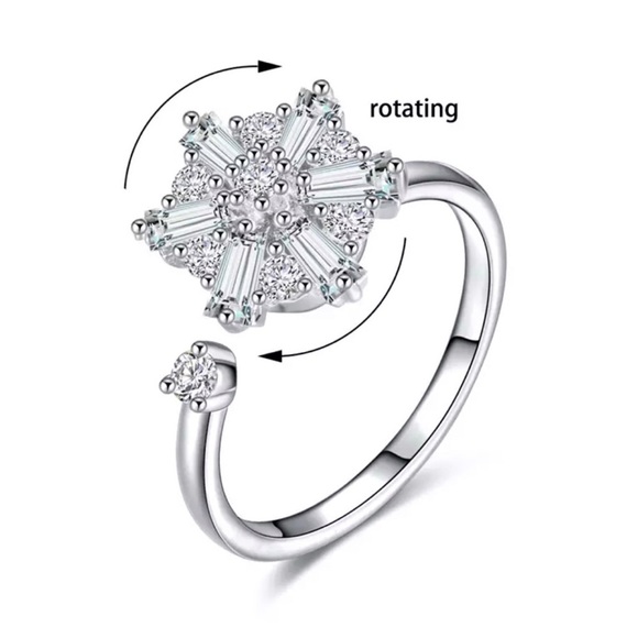 Carousel Hexagon Clear Crystal CZ Rotating Resizable Silver Fancy Fidget Ring - Picture 2 of 5